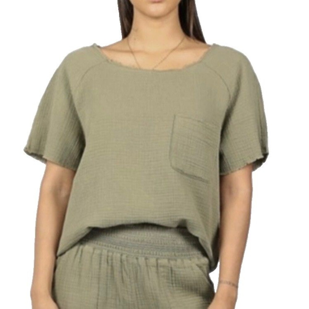 Rewash Junior's Gauze Crepe Top Short Sleeve Relax Fit 100% Cotton Size M Olive